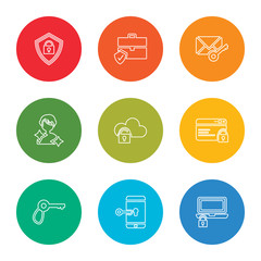 Fototapete - outline stroke laptop, smartphone, key, website, cloud, person, letter, portfolio, shield, vector line icons set on rounded colorful shapes