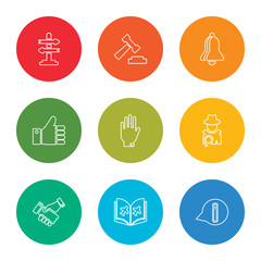 Poster - outline stroke information, plain, cooperation, detective, right to objection, right to objection, notification, auction, decision making, vector line icons set on rounded colorful shapes