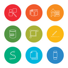 Poster - outline stroke erase, copy, spline, edit,  , measure, flow, explode, array, vector line icons set on rounded colorful shapes