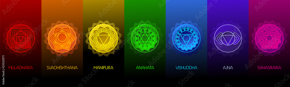 Chakra symbols set on dark background. Different styles, modern simple geometric icons and traditional sanskrit signs. Vector illustration. - obrazy, fototapety, plakaty 