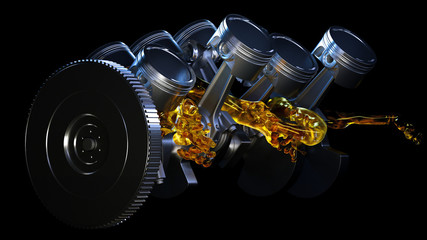 3d illustration of car engine with lubricant oil on repairing. Concept of lubricate motor oil