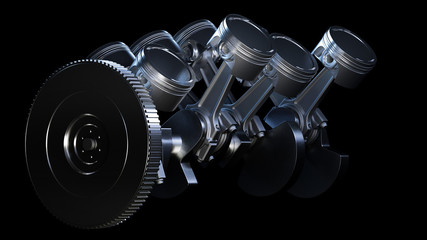 3d illustration of car engine with lubricant oil on repairing. Concept of lubricate motor oil