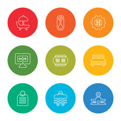 Fototapete - outline stroke hotel, room service, agenda, bed, menu, monitor, hotel, doorknob, hammock, vector line icons set on rounded colorful shapes