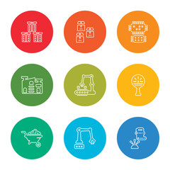 Poster - outline stroke textile, robotic arm, wheelbarrow, temperature, product, warehouse, cpu, package, boxes, vector line icons set on rounded colorful shapes