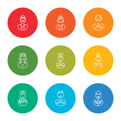 Poster - outline stroke driver, businessman, doctor, clerk, police, doctor, police, clerk, burglar, vector line icons set on rounded colorful shapes