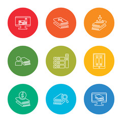 Poster - outline stroke ebook, search, book, ebook, books, book, download, bible, ebook, vector line icons set on rounded colorful shapes
