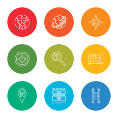 Poster - outline stroke location, map, placeholder, map, search, compass, compass, world, world, vector line icons set on rounded colorful shapes