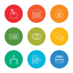 Poster - outline stroke shop, tag, hierarchical structure, pie chart, diagrams, id card, get money, bank, piggy bank, vector line icons set on rounded colorful shapes