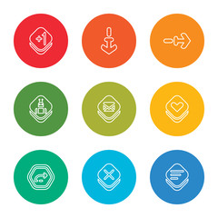 Poster - outline stroke text, clear, next, favorite, email, robot, next, download, plus, vector line icons set on rounded colorful shapes