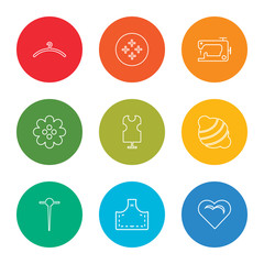 Poster - outline stroke button, material, needle, teddy bear, mannequin, button, sewing machine, button, hanger, vector line icons set on rounded colorful shapes
