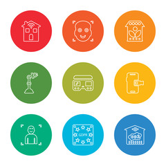 Poster - outline stroke co2, gdpr, facial recognition, mobile phone, virtual reality, robotic arm, zero emission, face scan, smart home, vector line icons set on rounded colorful shapes