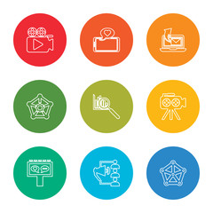 Poster - outline stroke network, announcement, billboard, video camera, analytics, social media, laptop, smartphone, video camera, vector line icons set on rounded colorful shapes