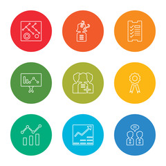 Poster - outline stroke collaboration, growth, analysis, award, customer, presentation, planning, question, connection, vector line icons set on rounded colorful shapes