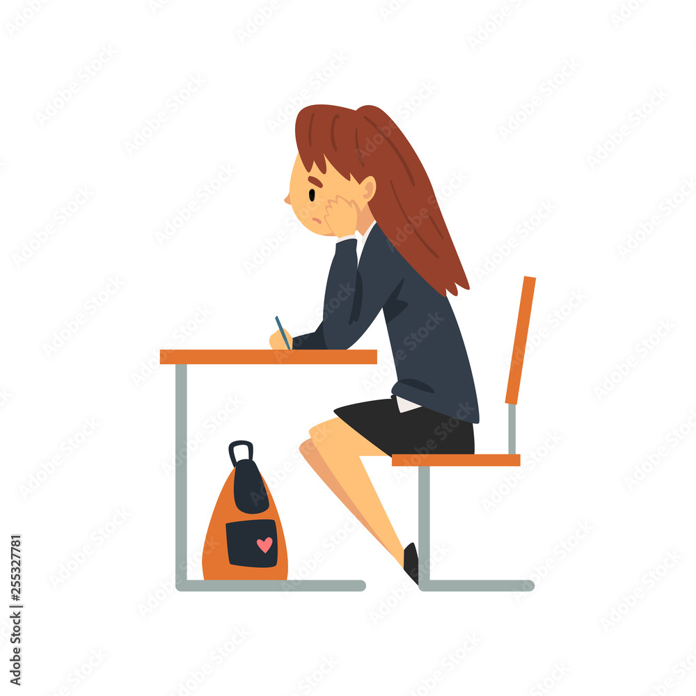 Bored Female Student Sitting at Desk in Classroom, Side View, Schoolgirl in Uniform Studying at School, College Vector Illustration