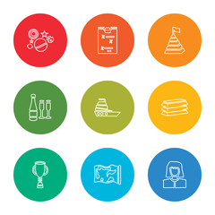 Poster - outline stroke businesswoman, map, trophy, gold, yatch, champagne, pyramid, strategy, galaxy, vector line icons set on rounded colorful shapes