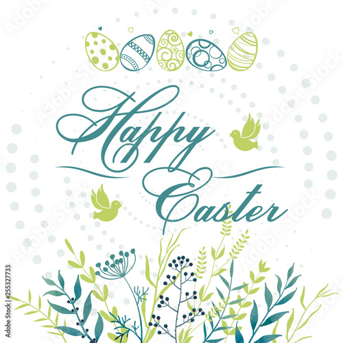 Floral Easter card. Twigs, herbs, flowers, easter eggs and birds. Happy Easter.