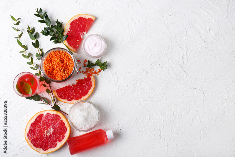 Ingredients for natural cosmetics on white background