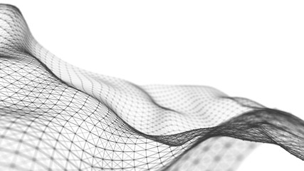 Poster - Wave of particles on white background. Abstract interlacing lines and points. Digital connection of elements. Imitation waves. 3D rendering.