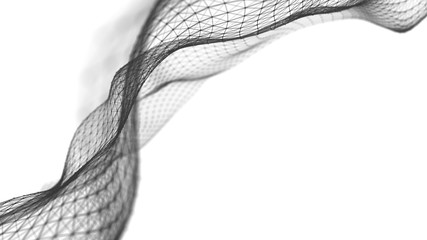 Poster - Wave of particles on white background. Abstract interlacing lines and points. Digital connection of elements. Imitation waves. 3D rendering.