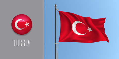 Wall Mural - Turkey waving flag on flagpole and round icon vector illustration