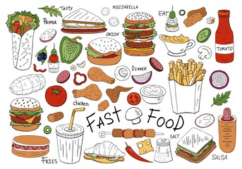 hand drawn fast food collection isolated on white background. vector stree food set