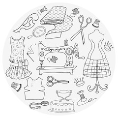 Set of vintage sewing accessories in round frame. Vector illustration, hand drawn,