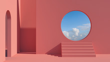 Arch And Stairs In Trendy Minimal Interior. 3d Render Illustration In Modern Geometric Style. Coral Pastel Colors Background For Banners For Product Presentation.