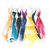 Set of watercolor dresses on hangers, fashion illustration
