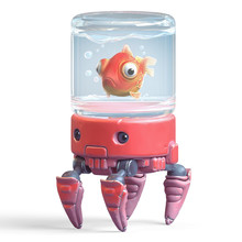 3d Cartoon Character Of A Red Crab Robot With Aquarium On His Head. Сartoon Goldfish Swims In A Glass Jar. Illustration Of Stylized Crab With Big Claws And Cute Eyes. 3d Rendering On White Background.
