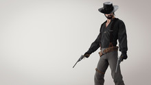 3d Illustration Of A Cowboy Standing With Two Guns On Gray Background. Cowboy In A Black Shirt And Stripes Pants With Suspenders. Man With A Dark Beard In A Black Leather Hat With Bullets And Holster.