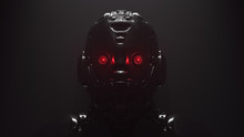 Cyborg With Red Luminous Eyes On Black Background. Front View Of Science Fiction Cyborg With A Shiny Dark Metal. Robot With Artificial Intelligence. Robot Man With Artificial Metal Face. 3D Rendering.