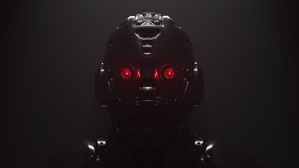 cyborg with red luminous eyes on black background. front view of science fiction cyborg with a shiny