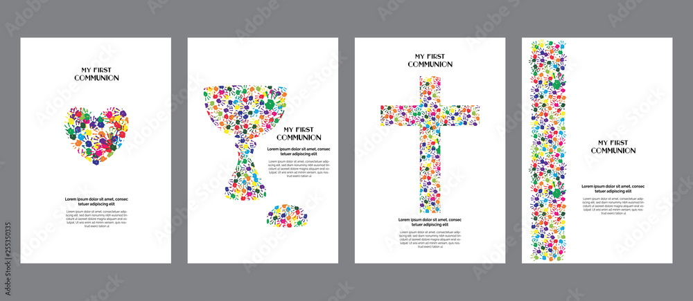 Classic, universal kids hand prints rainbow religious template poster, flyer, invitation card My first communion. - obrazy, fototapety, plakaty 