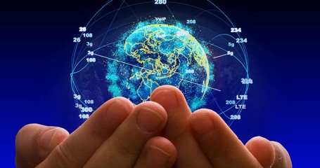 Poster - abstract globe with particles and plexus structure. Digital technology planet with continent forming. Triangulated structure. Glows and particles. alpha channel