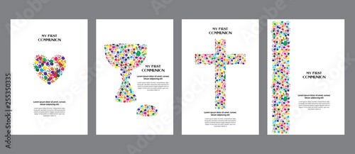 Fotomural Classic, universal kids hand prints rainbow religious template poster, flyer, invitation card My first communion