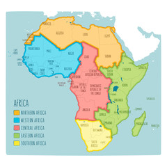  Colorful hand drawn political map of Africa with five regions