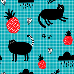Endless wallpaper with red pineapples and black cats.