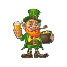 Leprechaun Holding Beer Glass And Pot Of Gold Coins. Vector Illustration.