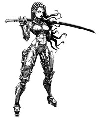 Beautiful cyborg girl with katana