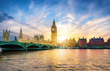 Fototapeta Londyn - London cityscape with Big Ben and City of Westminster Abbey bridge in sunset light, in United Kingdom of England