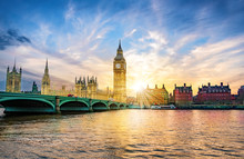 London Cityscape With Big Ben And City Of Westminster Abbey Bridge In Sunset Light, In United Kingdom Of England
