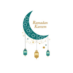 Ramadan Greeting card with gold and green colored moon, crescent and stars. Traditional lantern