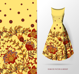 Vector seamless pattern of hand draw fantasy flowers on women's dress mockup. Hand-drawn ornate pattern with an example of application. Btown on yellow