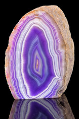 Amazing cross section of Violet Agate Crystal geode. Natural translucent agate crystal surface cut isolated on black background, Purple healing abstract structure slice mineral stone macro closeup