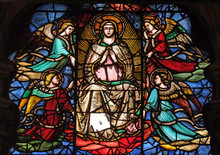Virgin Mary Surrounded By Angels, Stained Glass Window In Orsanmichele Church In Florence, Tuscany, Italy