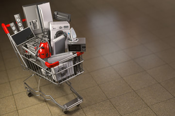 Household appliances in the shopping cart. E-commerce or online shopping concept.