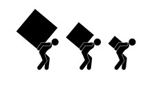 Stick Figure Of A Man Icon, A Loader Carries A Big Box, A Person Carries A Small Load