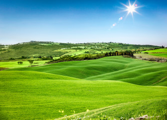 Poster - desk of free space for your decoration and landscape of spring Tuscany. 