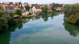 Fototapeta  - Panoramic view of the beautiful river Krka, Novo mesto, Slovenia.