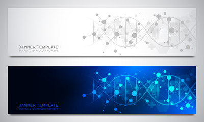 banners and headers for site with dna strand and molecular structure. genetic engineering or laborat